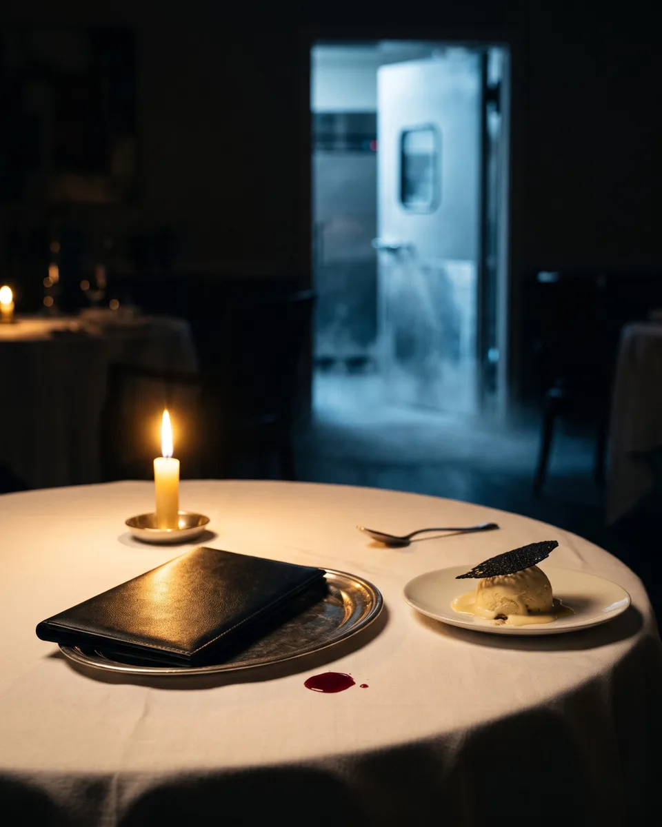 Murder party à la maison L'Addition : Table de restaurant à la bougie, addition en cuir noir et goutte rouge, porte de chambre froide entrouverte au fond